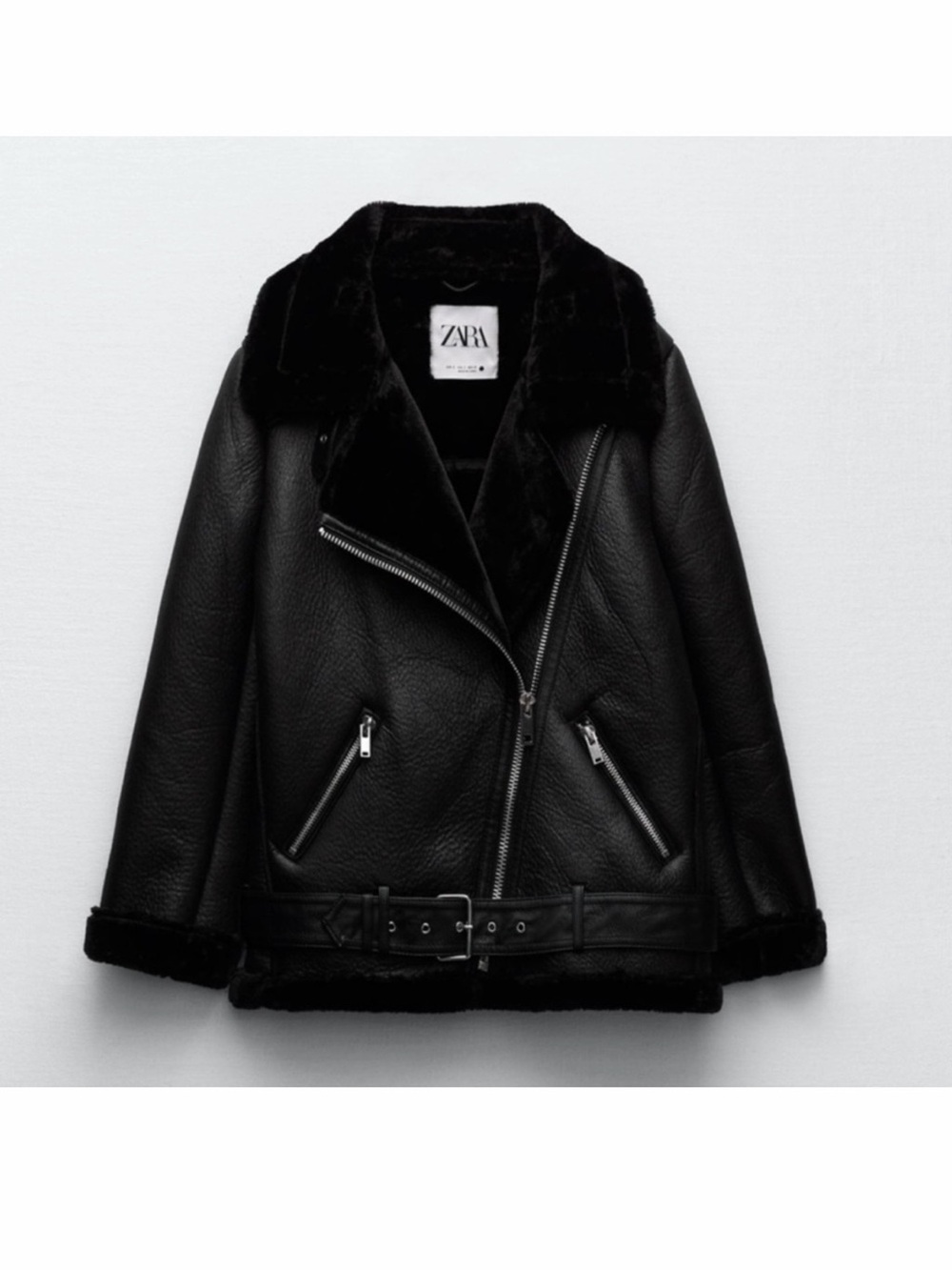 Zara Black Faux-Shearling Moto Jacket